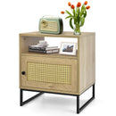 Wooden Side End Table with Cabinet and Rattan Decorated Door-Natural by LJGDeals