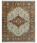 Premium Fine Floral Ivory and Rust Traditional Heriz 9x12 Hand Knotted wool area rug by The Rug Decor