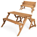 2-in-1 Transforming Interchangeable Wooden Picnic Table Bench with Umbrella Hole-Dark Brown by LJGDeals