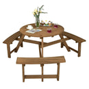 6-person Round Wooden Picnic Table with Umbrella Hole and 3 Built-in Benches-Dark Brown by LJGDeals