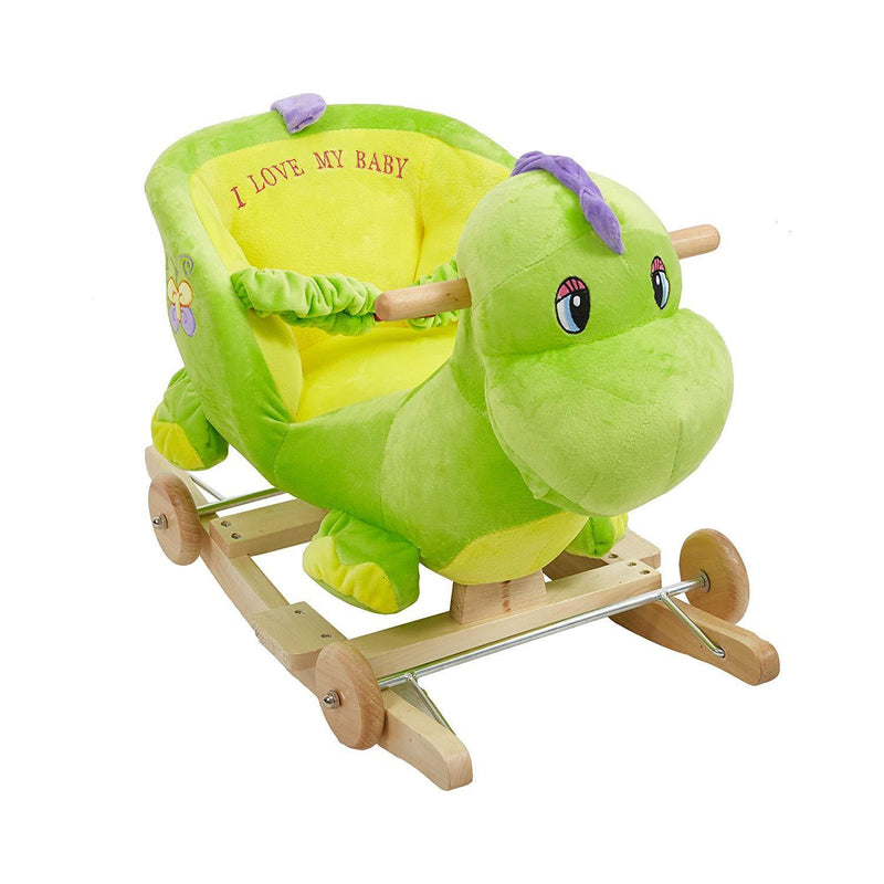 Rocking Horse Toys Baby 2-in-1 Wooden Plush Rocker Seat Ride-On Stroller with Seat Belt, Green Dinosaur