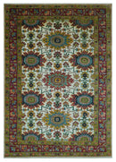 Custom Made Ivory And Maroon Traditional Floral Motifs Design Hand Knotted Wool Rug