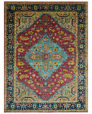 Custom Made Traditional Heriz Design Maroon And Olive Hand Knotted Wool Rug