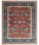 Custom Made Red And Blue Traditional Hand Knotted Wool Rug