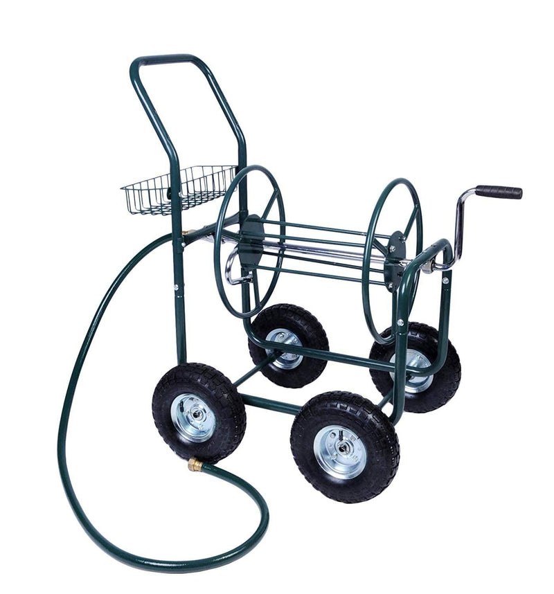 4 Wheels Heavy Duty Garden Metal Hose Reel Cart Gardening Water Planting with Storage Basket