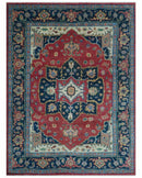 Custom Made Traditional Heriz Red And Blue Hand Knotted Wool Rug