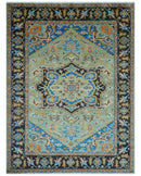 Custom Made Green And Blue Traditional Heriz Hand Knotted Wool Rug