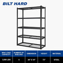BILT HARD Garage Shelving 3000 LBS, 36" W x 18" D x 72" H Storage Shelves, Heavy Duty 5-Tier Metal Shelving Units with Adjustable Shelf, Steel Wire Utility Shelving