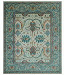 Custom Made Traditional Oriental Oushak Ivory And Blue Hand Knotted Wool Rug