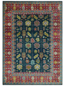 Custom Made Blue And Red Traditional Tribal Design Hand Knotted Wool Rug