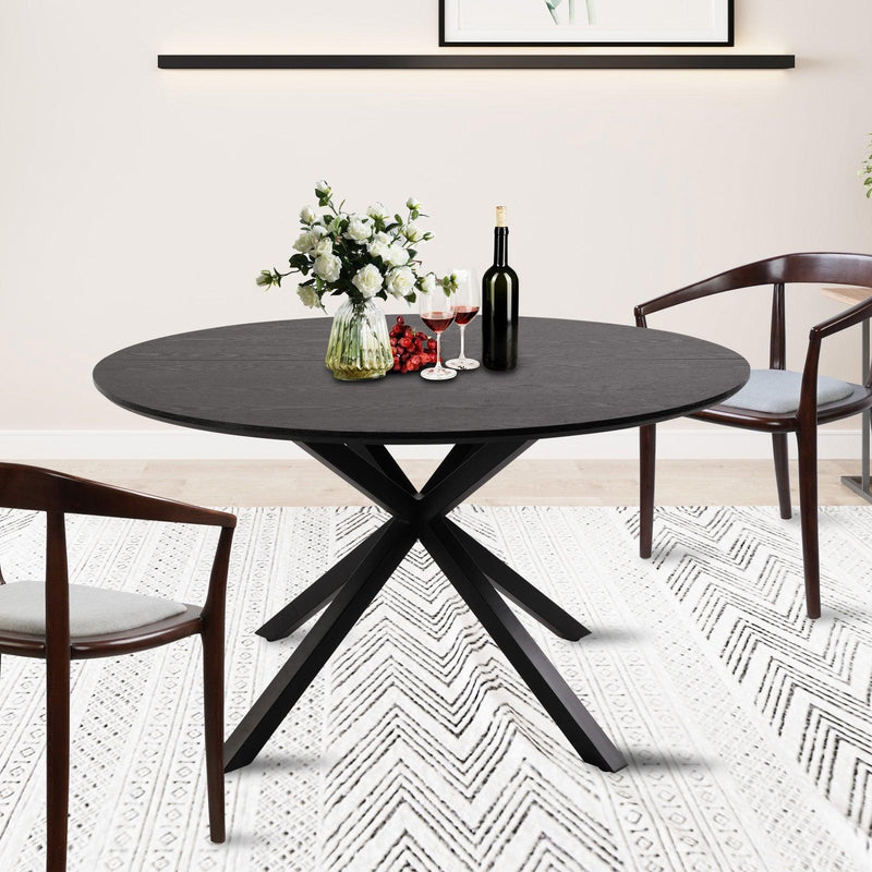 53" Mid-Century Modern Round Dining Room Table for 4-6 Person W/Solid Metal Legs, Black Wood Grain