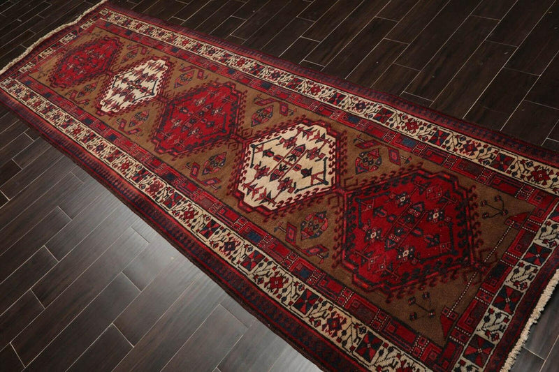 3'8" x 11' Vintage Runner Hand Knotted Wool Tribal Hamadan Area Rug Brown