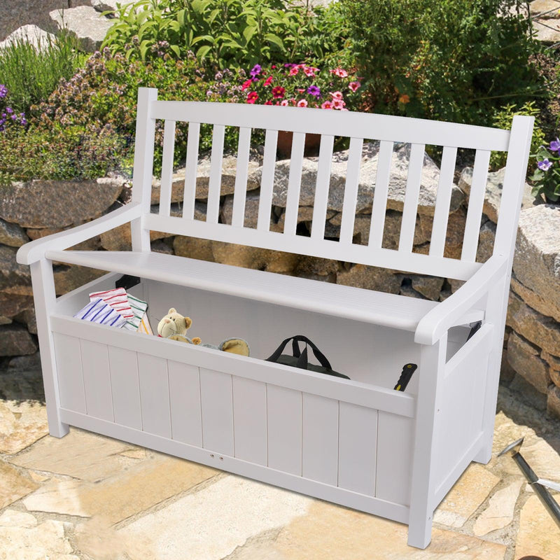 Outdoor Wooden Storage Bench with Large Deck Box for Patio Garden Porch, White