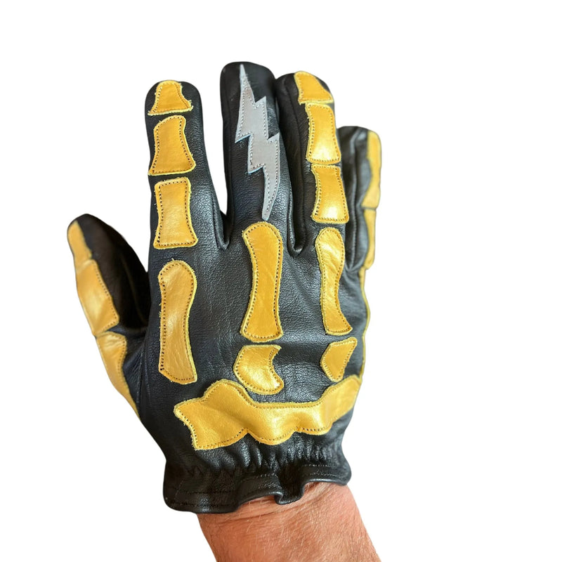 Leather Gloves - Buffalo Skeleton  Motorcycle Astrapí (Lightning)-Black-Gold