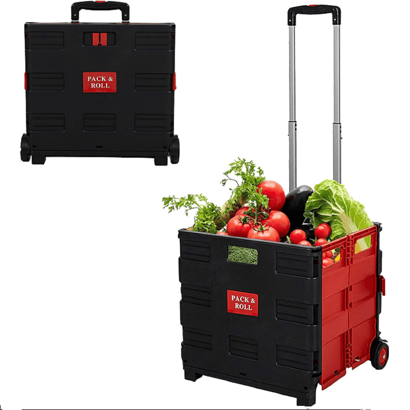 6 Pack Collapsible Rolling Crate Utility Cart 56L Foldable Grocery Cart with Wheels (Red, Large)