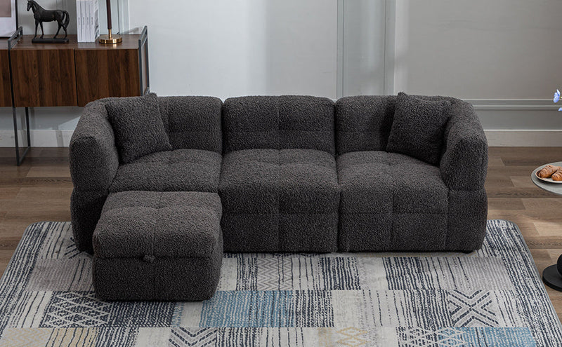 87.7" Sectional Sofa Cozy Teddy Fleece Fabric Sectional Sofa Couch with Two USB Ports a Movable Storage Ottoman and Two Lumbar Pillows for Living Room, Gray