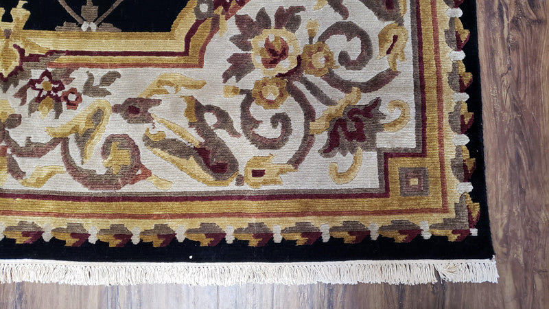 6x9 Nepalese Rug, Aubusson Savonnerie Area Rug 6 x 9 with Soft Pile, Hand-Knotted Wool Black & Beige Tibetan New Carpet European Design