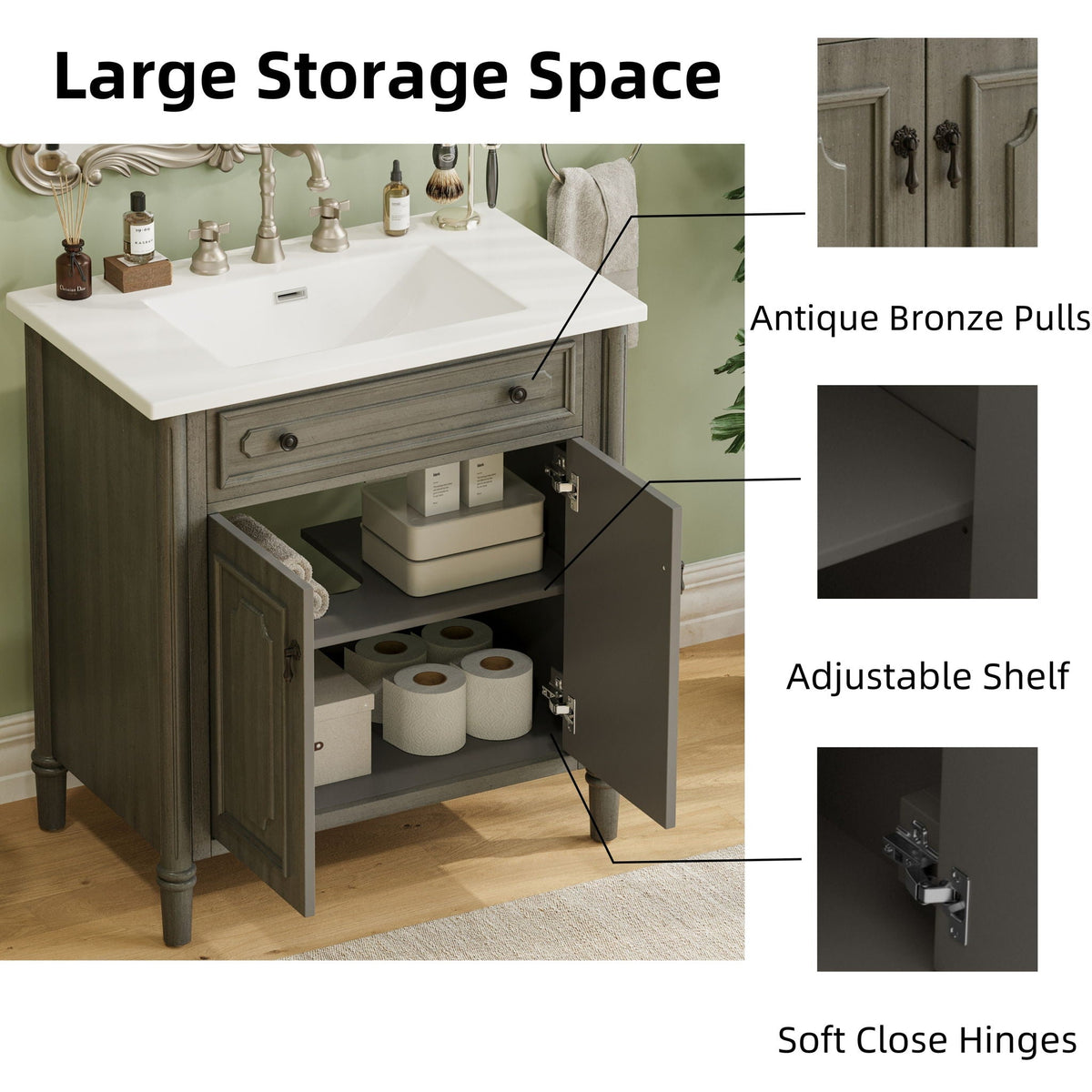 Vintage Bathroom Vanity With Sink, Rustic Cabinet With Soft Close Doors, photo 5 of 30