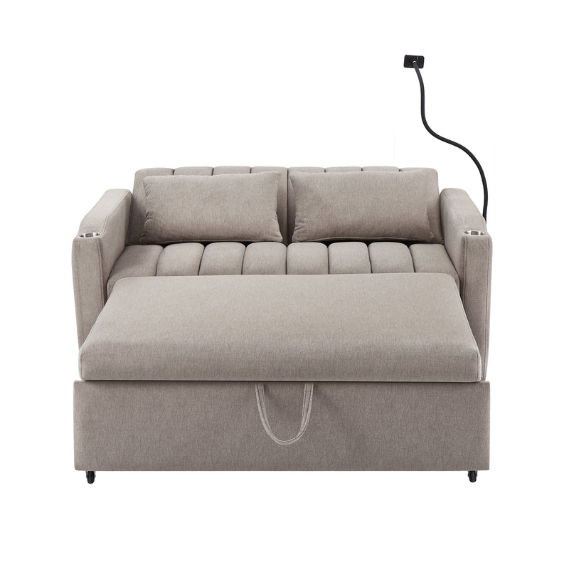 55.9" Convertible Sofa Bed Loveseat Sofa with Three USB Ports, Two Side Pockets, Two Cup Holders and 360Swivel Phone Holder for Living Room, Light Grey