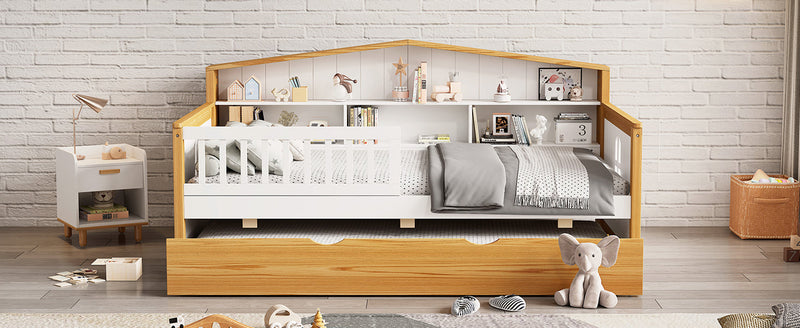 Walker Edison | Twin Size House Shape Daybed with Trundle and Bookcase Headboard