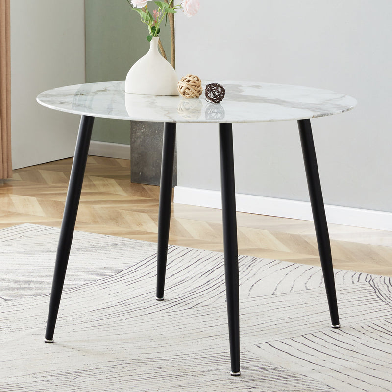 A modern minimalist circular dining table with a diameter of 40 inches, a 0.3 inch thick imitation marble pattern tabletop and black metal legs 40 'x 40' x 30 'DT-1164