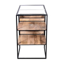 35 Inch Handcrafted Modern Glass Table, Storage Shelves, 3 Drawers, Metal Frame, Natural Brown and Black