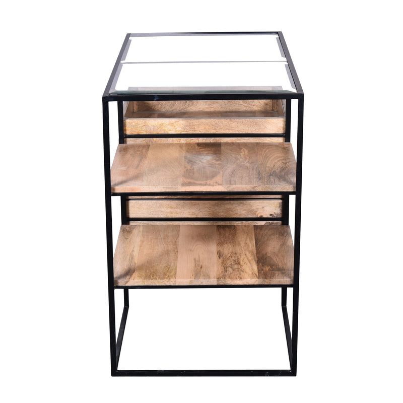 35 Inch Handcrafted Modern Glass Table, Storage Shelves, 3 Drawers, Metal Frame, Natural Brown and Black