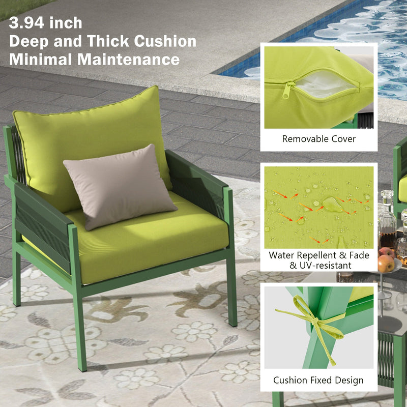 4-Piece Rope Patio Furniture Set, Outdoor Furniture with Tempered Glass Table, Patio Conversation Set Deep Seating with Thick Cushion for Backyard Porch Balcony (Fluorescent Yellow & Green)