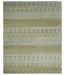 Fine Green 8x10 Hand Knotted Beige, Olive and Silver Traditional Wool Rug
