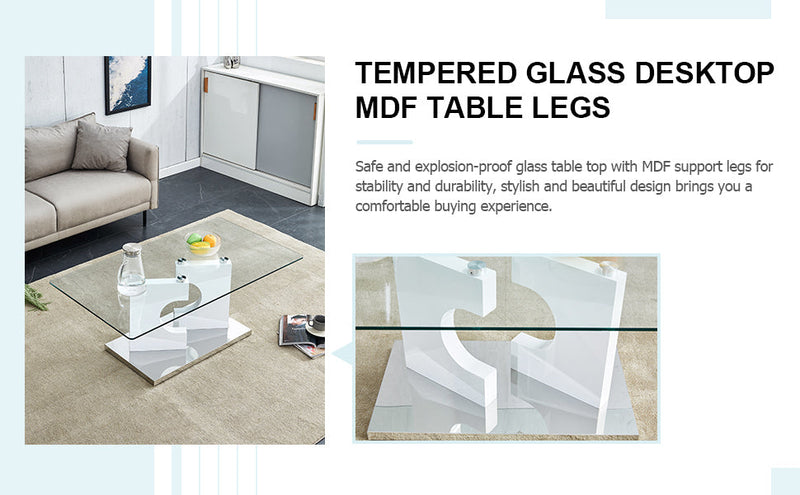 A rectangular modern and fashionable coffee table with tempered glass tabletop and white MDF legs. Suitable for living room.47.2"x25.5"x18"
