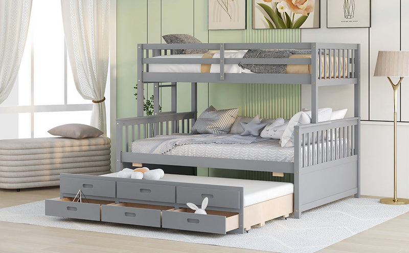 Twin-Over-Full Bunk Bed with Twin size Trundle, Separable Bunk Bed with Drawers for Bedroom - Gray