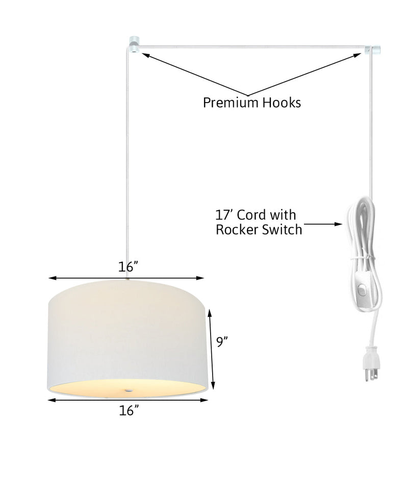 16"W 2 Light Swag Plug-In Pendant  White Linen Drum with Diffuser White Cord