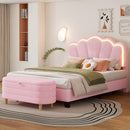 2-Pieces Bedroom Sets Full Size Flower-Shaped Upholstered LED Platform Bed with Storage Ottoman-Sherpa Fabric, Pink