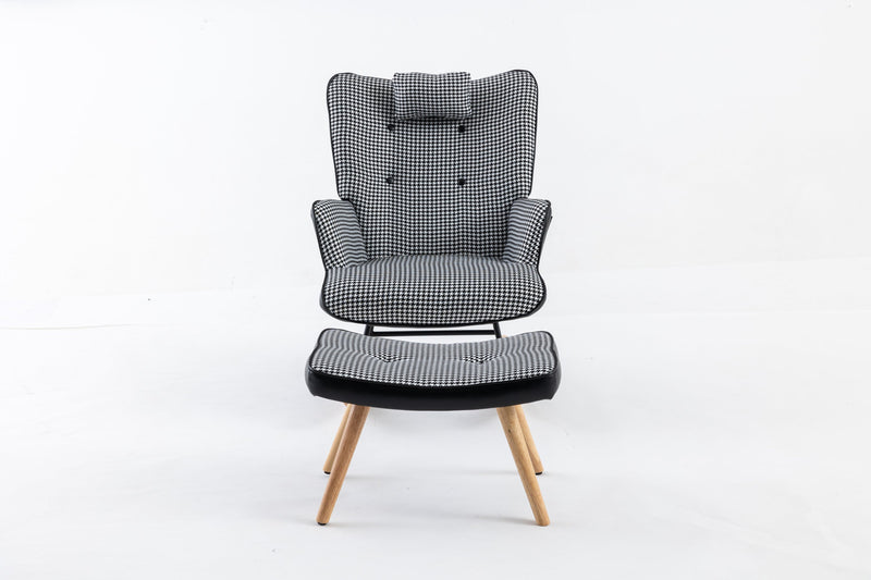 35.5 inch Rocking Chair with Footrest, Soft Houndstooth Fabric Leather Fabric Rocking Chair for Nursery, Comfy Wingback Glider Rocker with Safe Solid Wood Base for Living Room Bedroom Balcony (black)