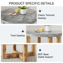 A modern and practical circular dining table. Made of MDF tabletop and wooden MDF table legs. A set of 4 cushioned chairs.