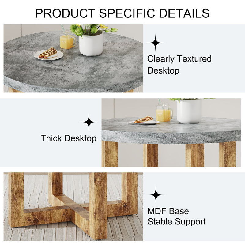 A modern and practical circular dining table. Made of MDF tabletop and wooden MDF table legs. A set of 4 cushioned chairs.
