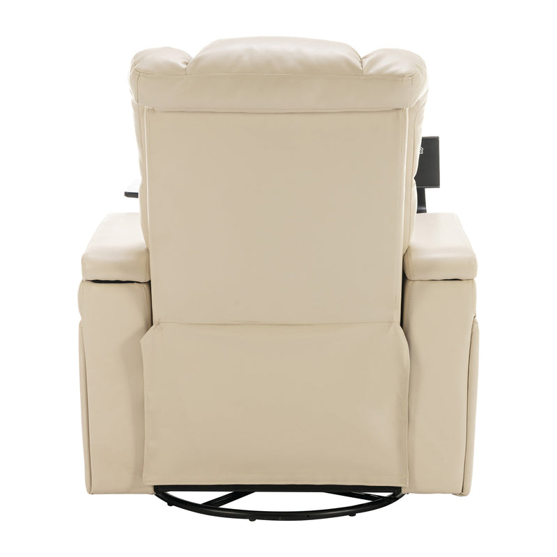 270 Degree Swivel PU Leather Power Recliner Individual Seat Home Theater Recliner with Comforable Backrest, Tray Table, Phone Holder, Cup Holder, USB Port, Hidden Arm Storage for Living Room, White