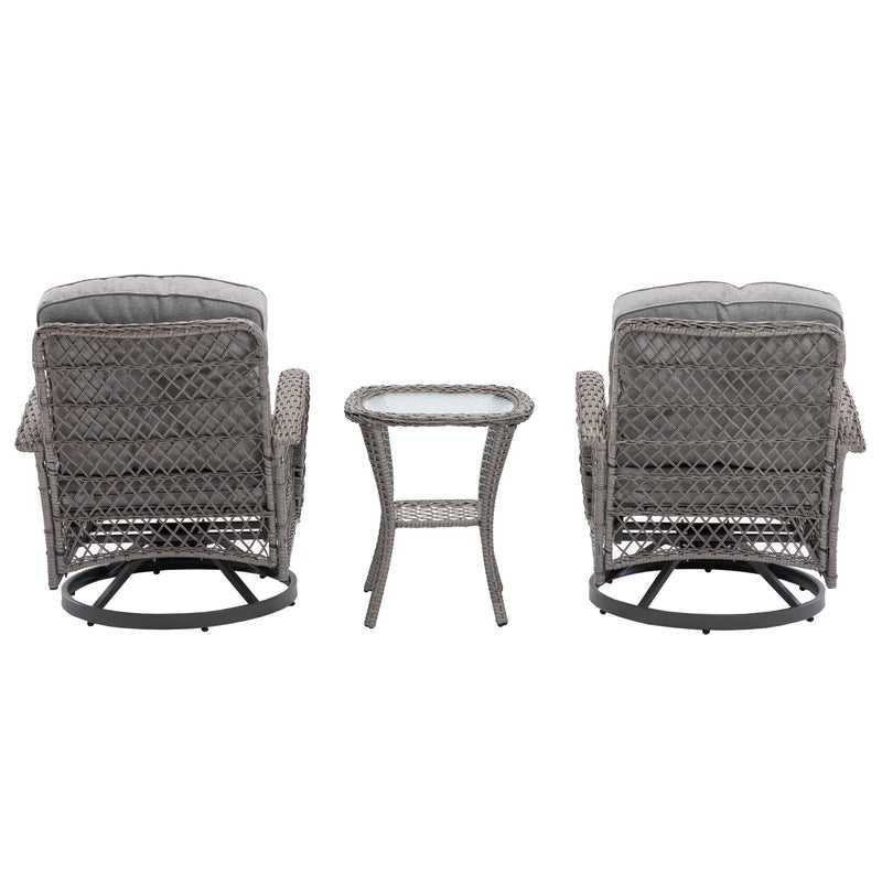 3 Pieces Outdoor Swivel Rocker Patio Chairs, 360 Degree Rocking Patio Conversation Set with Thickened Cushions and Glass Coffee Table for Backyard, Grey