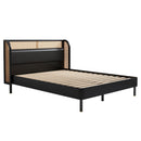 4 Pieces Modern Cannage Rattan Platform Queen Bed + Nightstandx2+ Dresser, Black