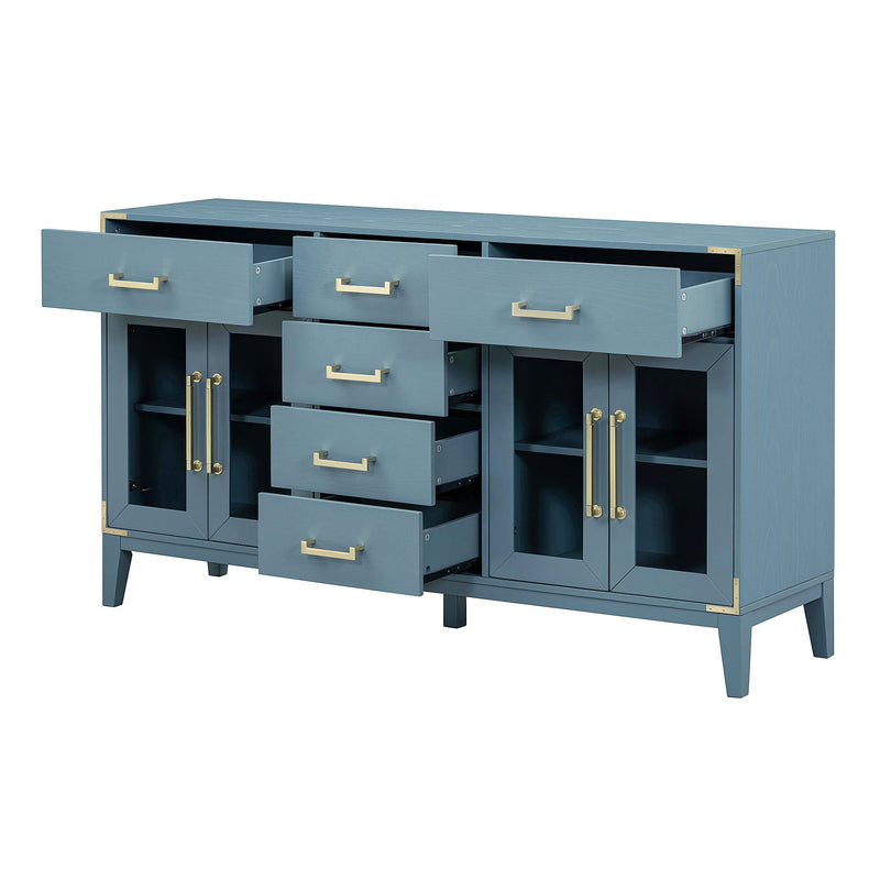 6-drawer and 2-Cabinet Retro Sideboard with Extra Large Storage Space, with Gold Handles and Solid Wood Legs, for Kitchen and Living Room (Antique Blue)