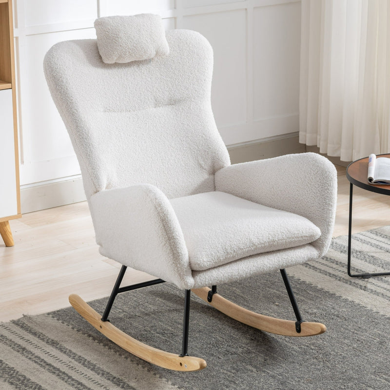 35.5 inch Rocking Chair with Pocket, Soft Teddy Fabric Rocking Chair for Nursery, Comfy Wingback Glider Rocker with Safe Solid Wood Base for Living Room Bedroom Balcony (white)