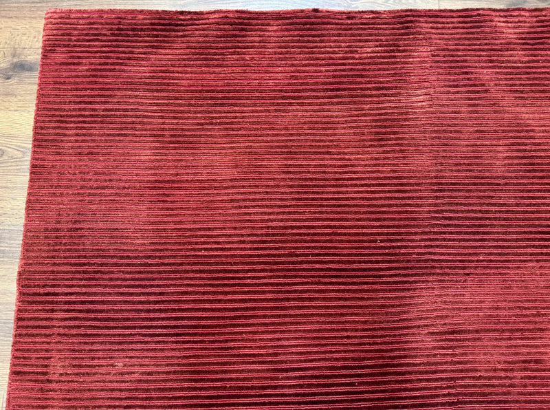 Modern Tibetan Rug 8x10, Red, Stripes, Handmade Wool Thick Pile Carpet