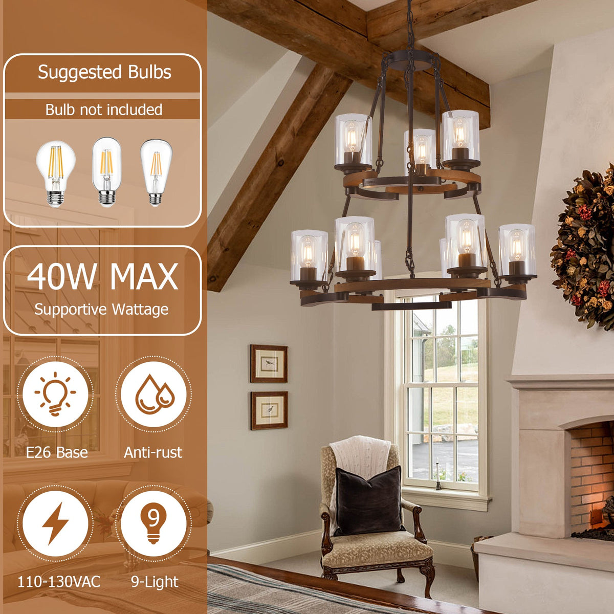 9-Light Vintage Wagon Wheel Chandelier, photo 4 of 10