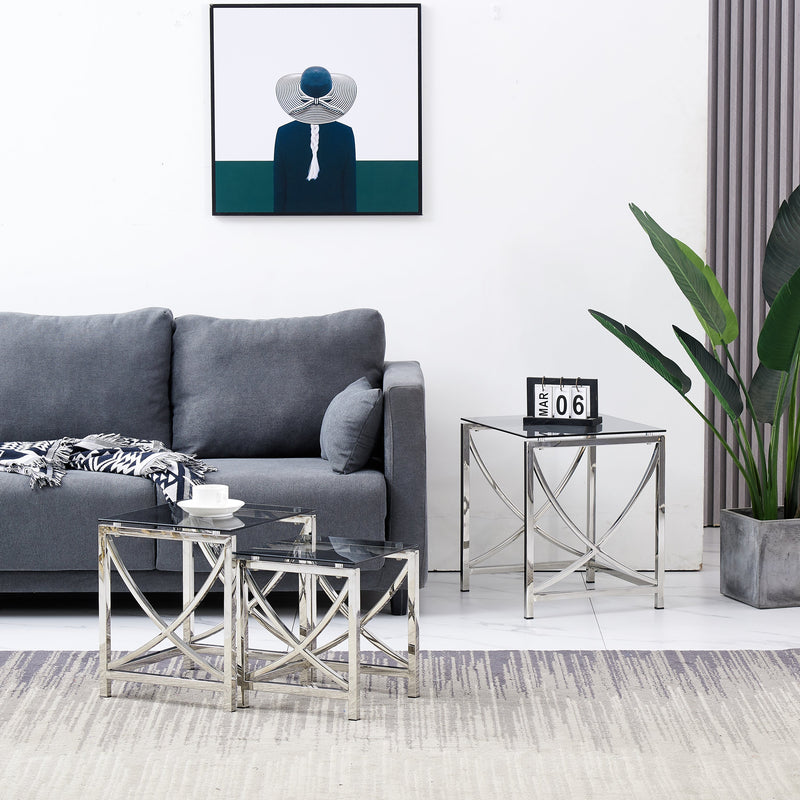 3 Pieces Silver Square Nesting Glass End Tables- Small Coffee Table Set- Stainless Steel Small Coffee Tables with Dark Gray Tempered Glass- 18" Modern Minimalist Side Table for Living Room (Curve)