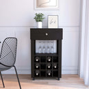 39" H black bar- coffee cart, Kitchen or living room cabinet storage, with 12 bottle racks, a central shelf with 1 Cup holders, 1 drawer ideal for storing small things
