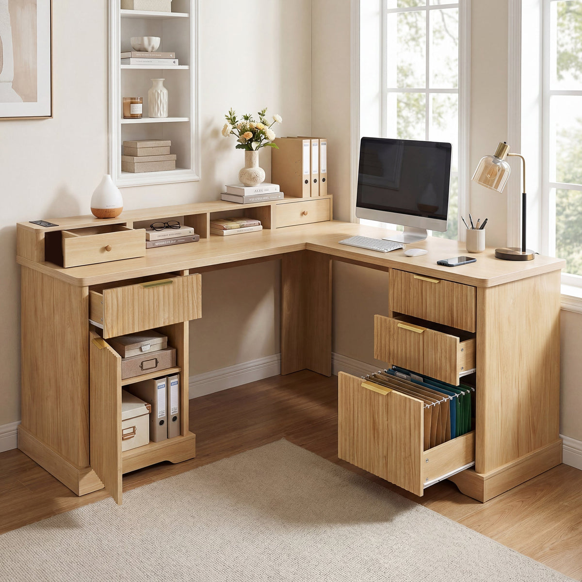 59" Modern Fluted L-Shaped Desk with Charging Station & Storage, photo 5 of 10