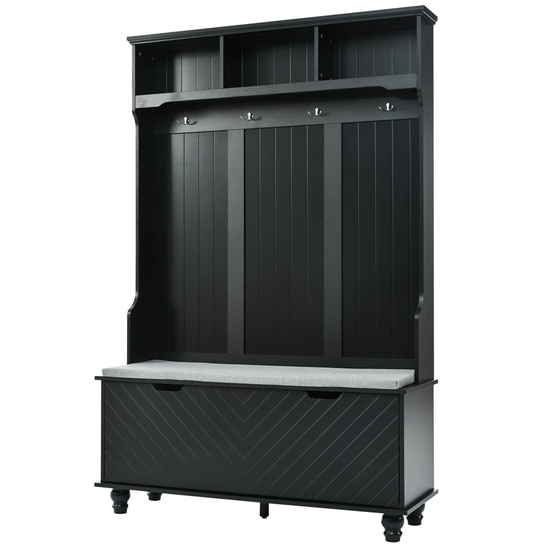 4-in-1 Entryway Bench with Coat Rack, Cushion and 4 Sturdy Hooks, 47.2" Wide Hall Tree with Storage Bench for Hallway, Entryway, Living Room