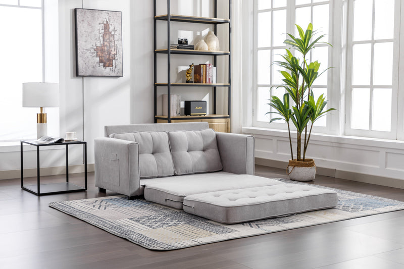 59.4" Loveseat Sofa with Pull-Out Bed Modern Upholstered Couch with Side Pocket for Living Room Office, Grey