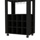 39" H black bar- coffee cart, Kitchen or living room cabinet storage, with 12 bottle racks, a central shelf with 1 Cup holders, 1 drawer ideal for storing small things