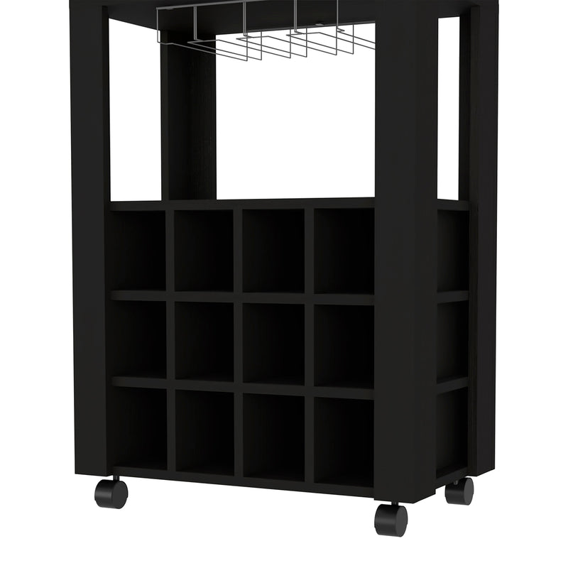 39" H black bar- coffee cart, Kitchen or living room cabinet storage, with 12 bottle racks, a central shelf with 1 Cup holders, 1 drawer ideal for storing small things